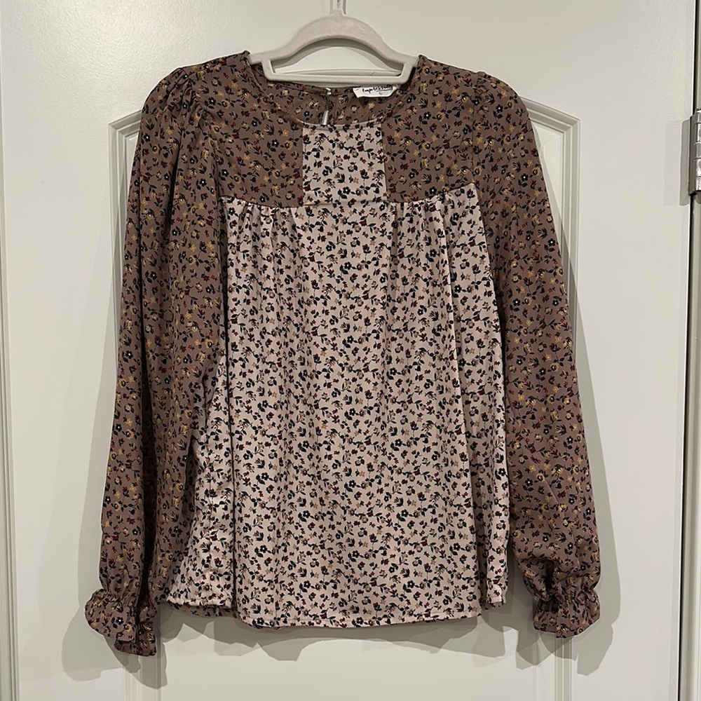 Impressions Brown and Tan Boxy Blouse with Bib Collar